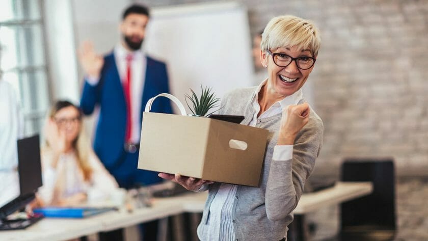 employee happily leaving work ss1424666867